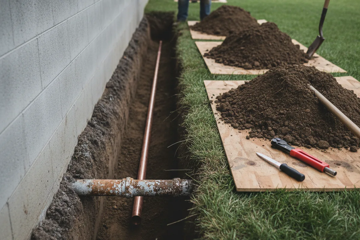 Excavated water line trench during Water Heater Repair in Saratoga
